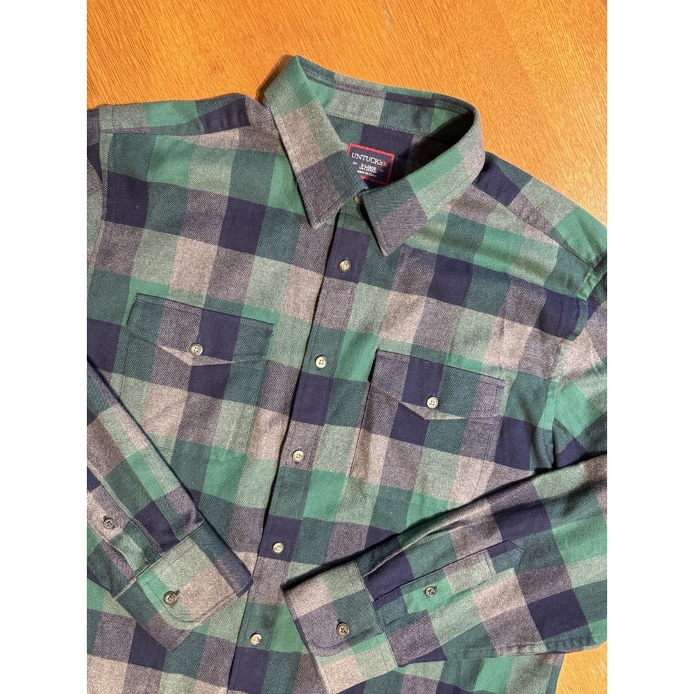 UNTUCKit‎ Flannel Shirt XL Green Blue Plaid Button Front Cotton Casual